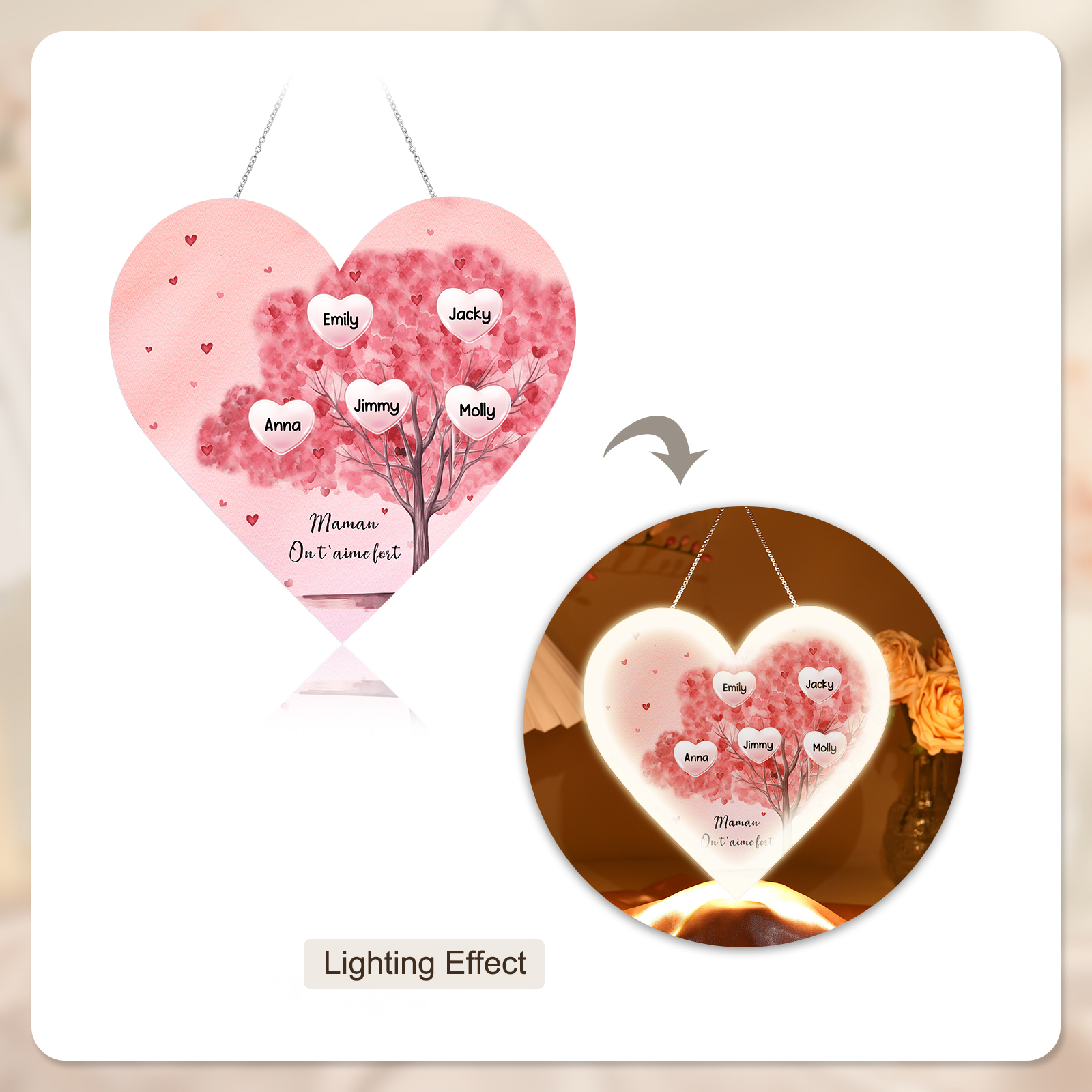 À Maman/Mamie - Veilleuse Cœur Arbre Décoration 5 Prénoms Personnalisés avec 1 Texte