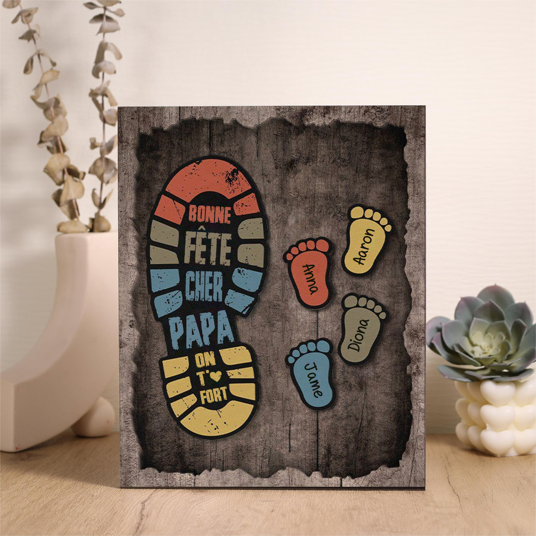 À Mon Papa-Cadre en Bois Pieds Bébé 4 Prénoms Personnalisés