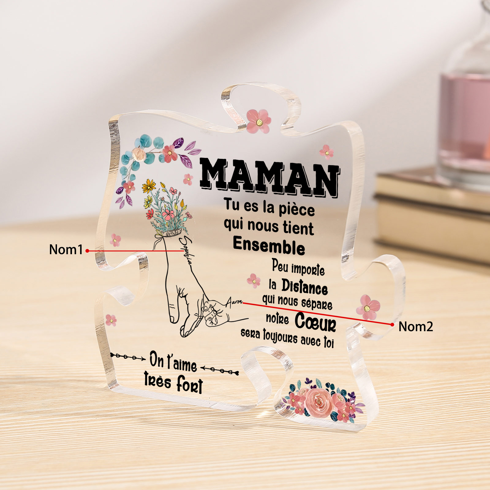À ma Maman - Plaque Acrylique en forme de Puzzle 2 Prénoms Personnalisés la Main dans la Main