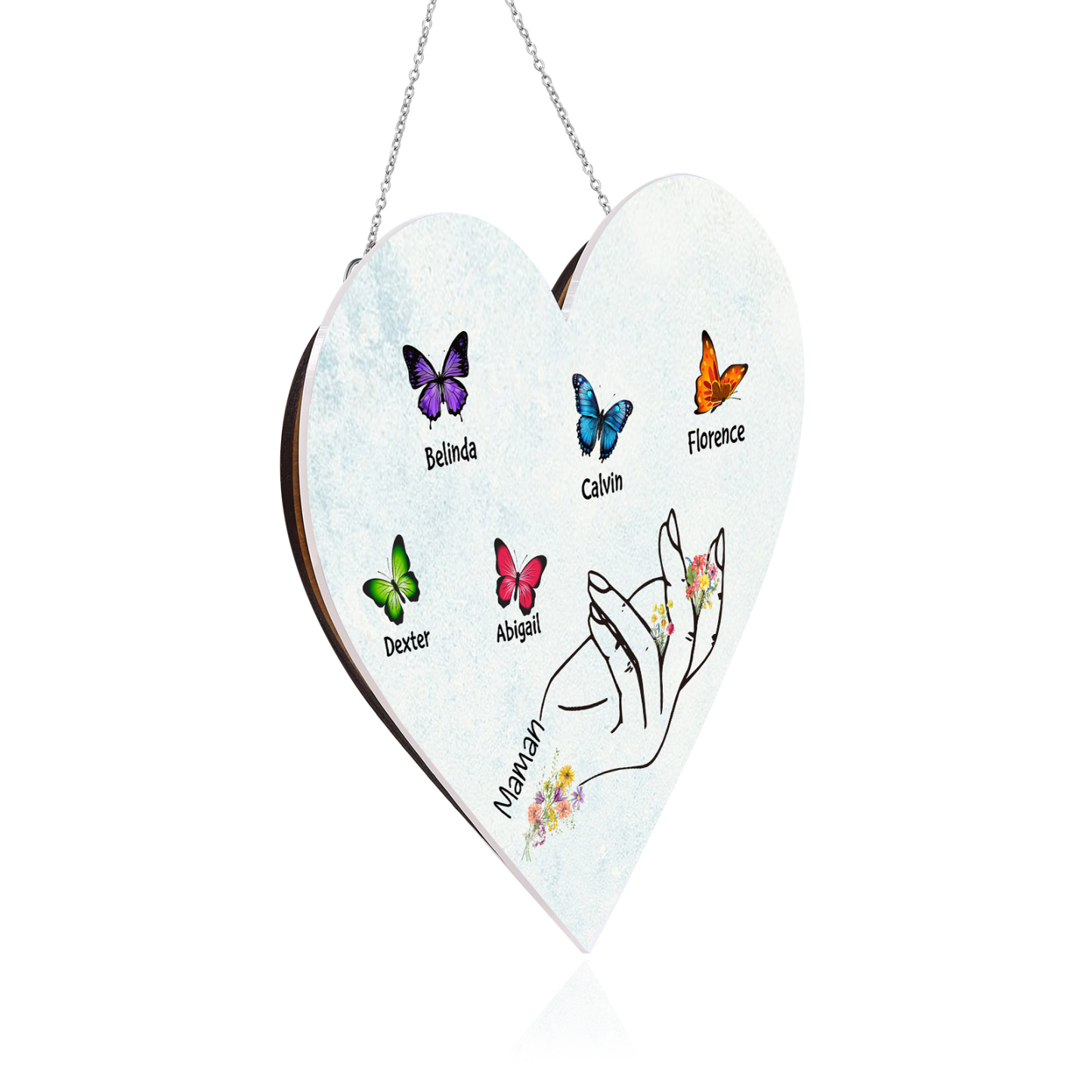 À Maman/Mamie - Veilleuse Cœur Décoration Main et Papillon 5 Prénoms Personnalisés avec 1 Texte