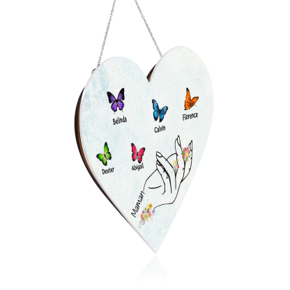 À Maman/Mamie - Veilleuse Cœur Décoration Main et Papillon 5 Prénoms Personnalisés avec 1 Texte