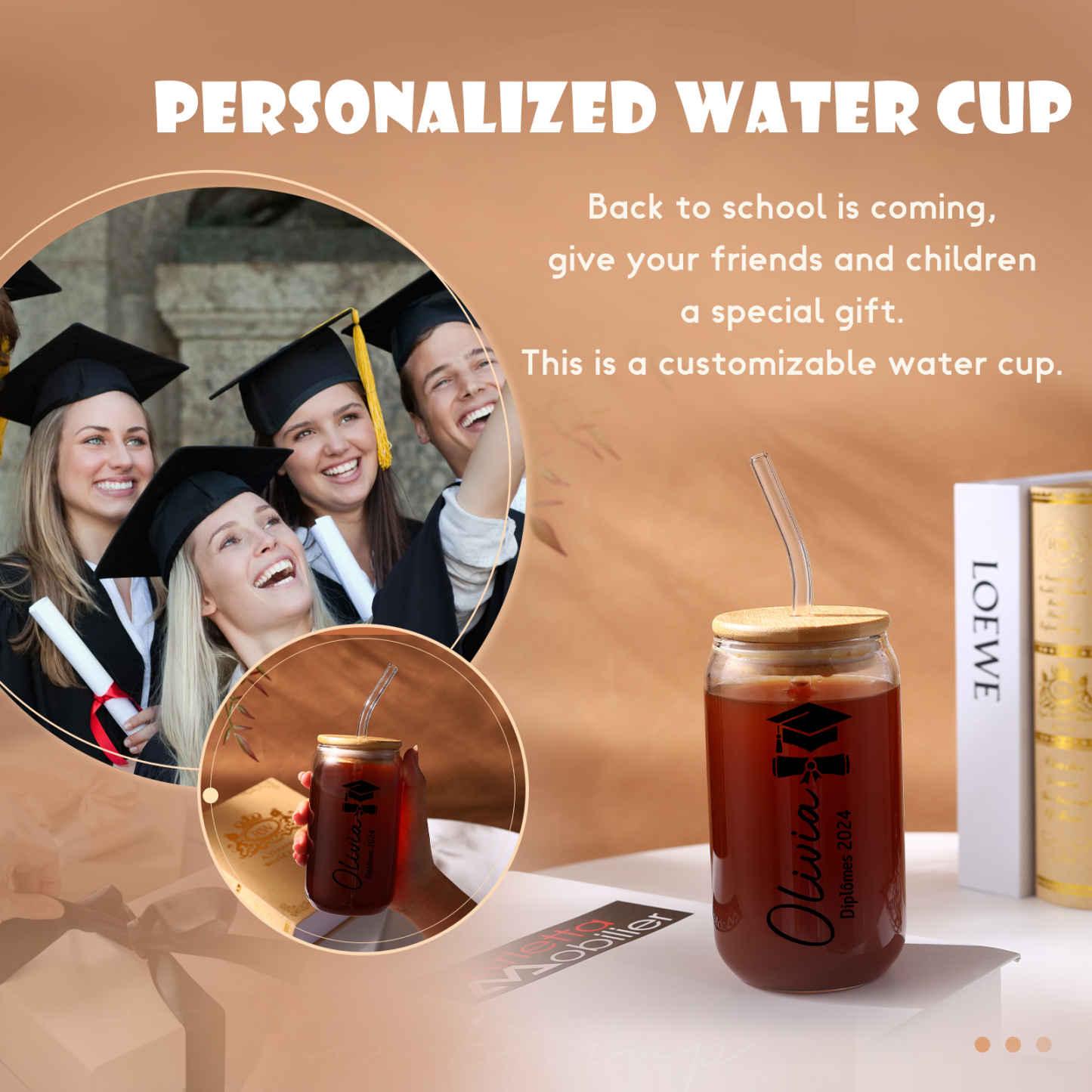 Tasse en Verre avec Paille Prénom et Texte Personnalisés Cadeau de remise des Diplômes