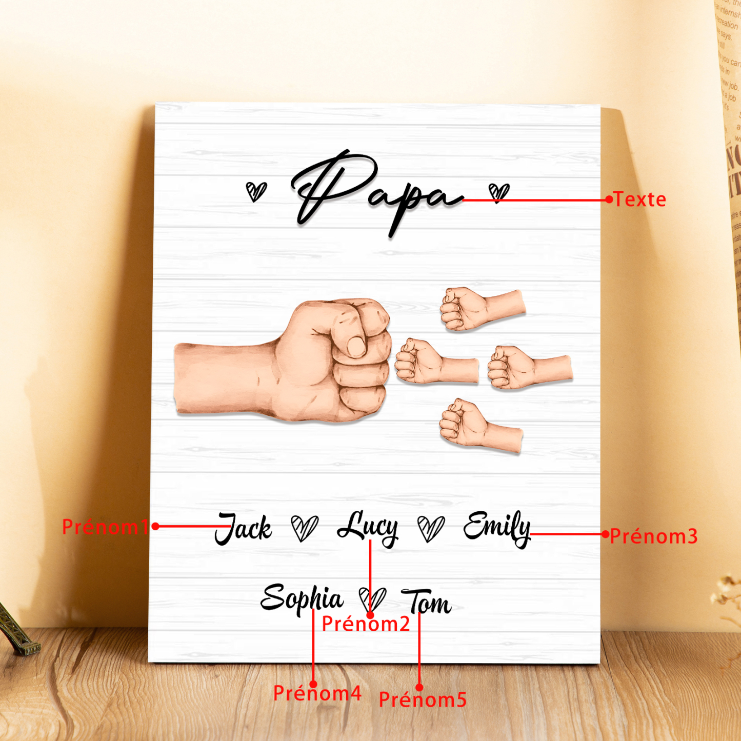 À Mon Papa/Papi-Cadre en Bois Poings 5 Prénoms Personnalisés avec Texte