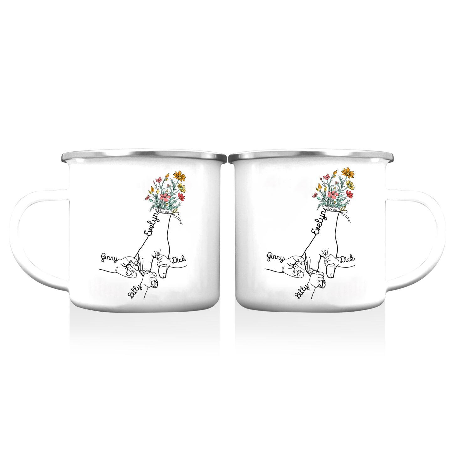 À Maman/Mamie - Tasse émaillée la Main dans la Main 4 Prénoms Personnalisés