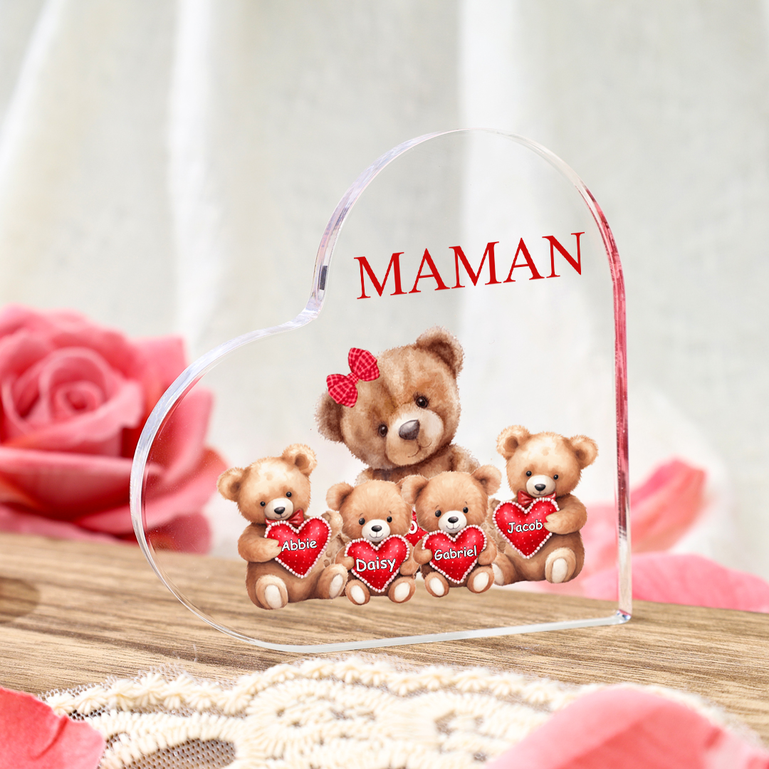 À ma Maman/Mamie - Plaque Acrylique en forme de Cœur Ours 1-8 Prénoms Personnalisés