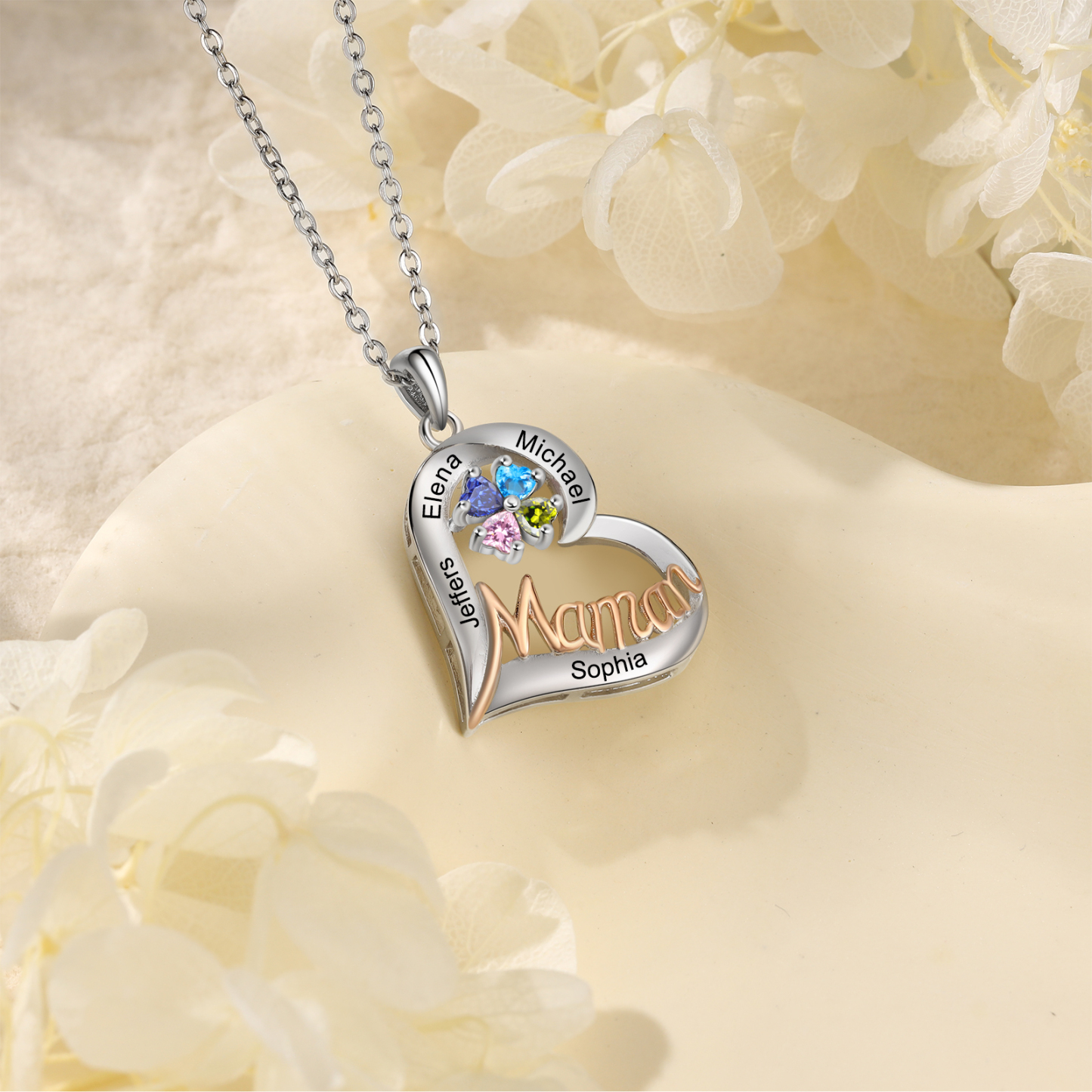 À Ma Maman-Collier Personnalisé Cœur avec 4 Prénoms et 4 Pierres de Naissance|Jessemade