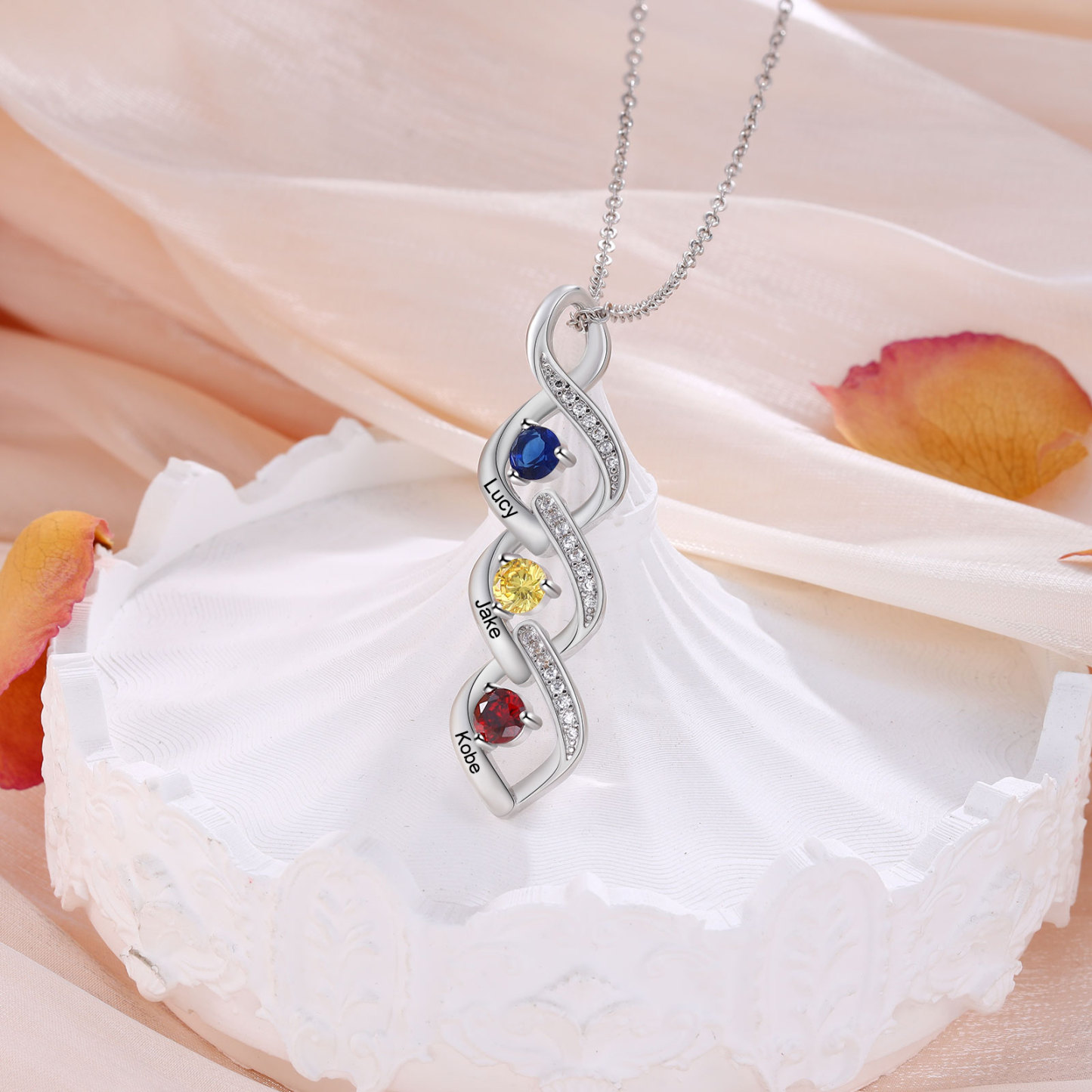 Collier Pendentif DNA 3 Prénoms Personnalisés avec Pierres de naissance