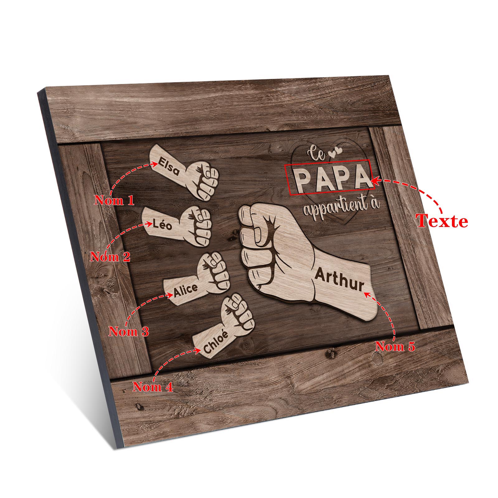 À Mon Papa/Papy-Cadre Imprimé en Bois Poings 5 Prénoms Personnalisés avec Texte