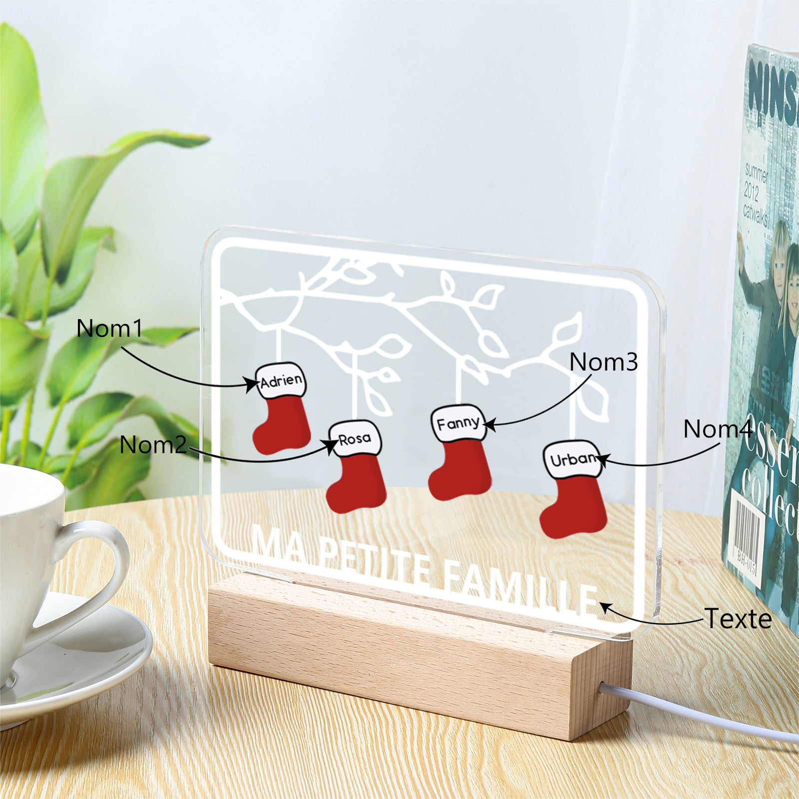 2-8 Noms Lampe de chevet Noël Chaussettes LED Lumières personnalisé avec Texte | Jessemade