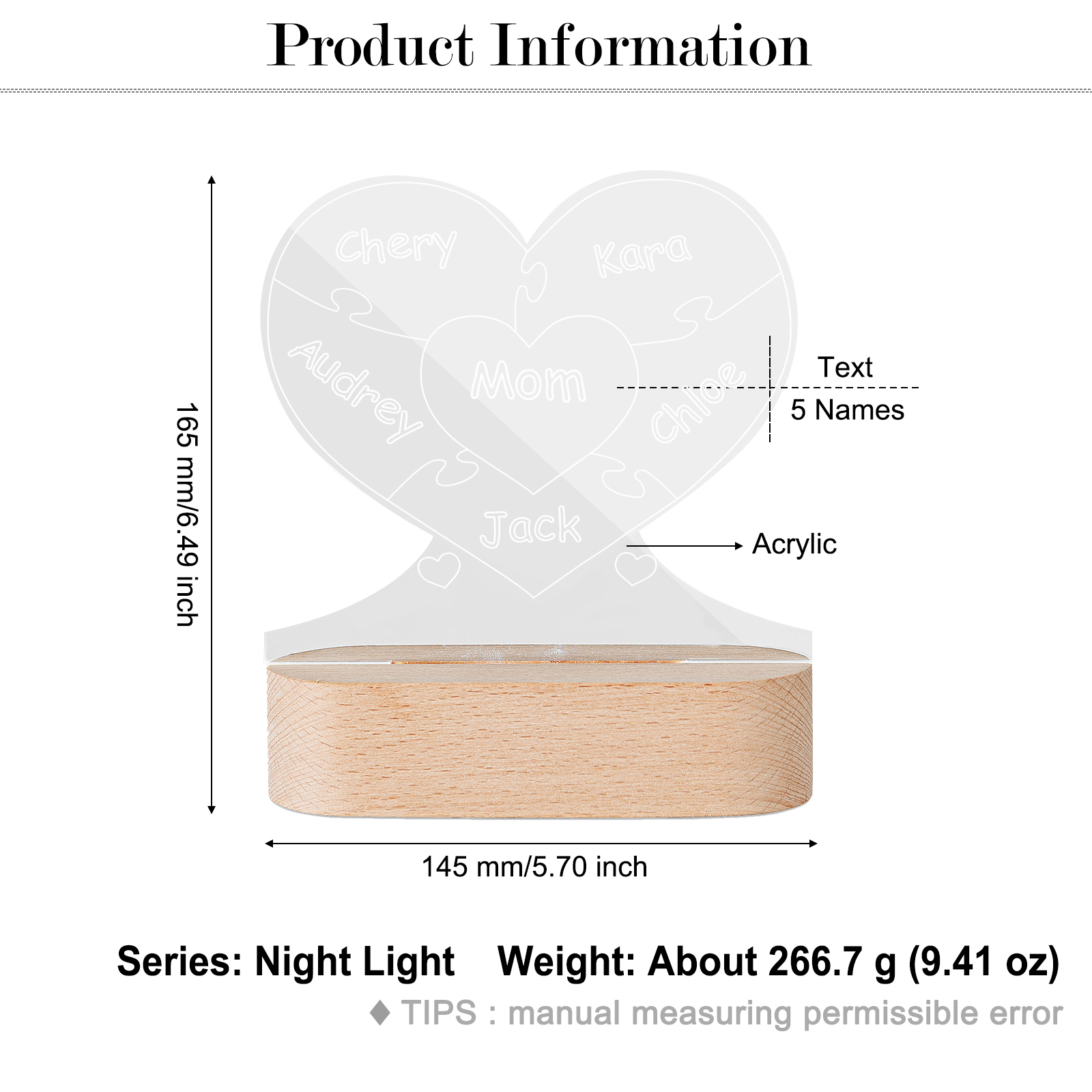 Lampe de chevet Cœur LED Lumières 5 Prénoms et 1 Texte Personnalisés pour Famille