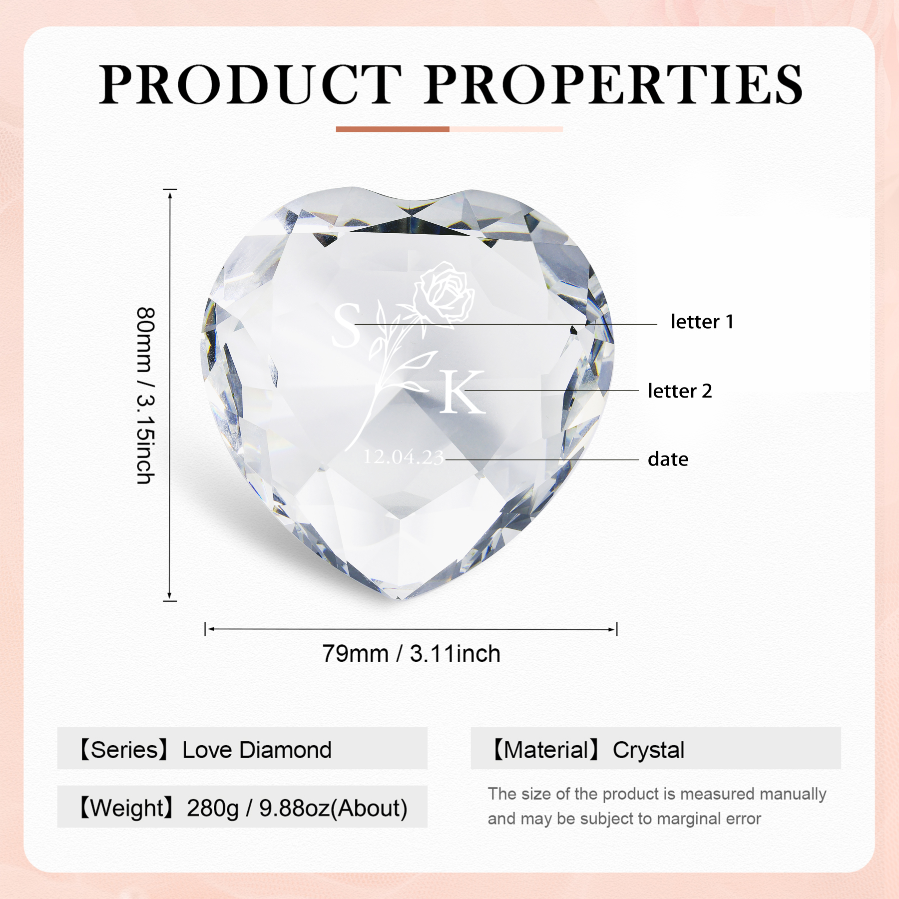 Décoration Cristal Cœur 2 Lettres Personnalisées avec Date pour Couple