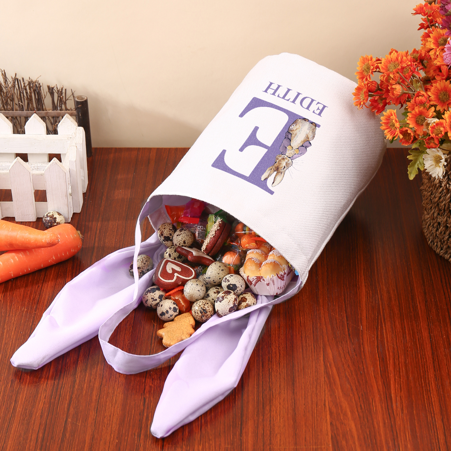 Sac de Pâques Lapin 1 Prénom et Lettre Personnalisés Tote Bag Enfant