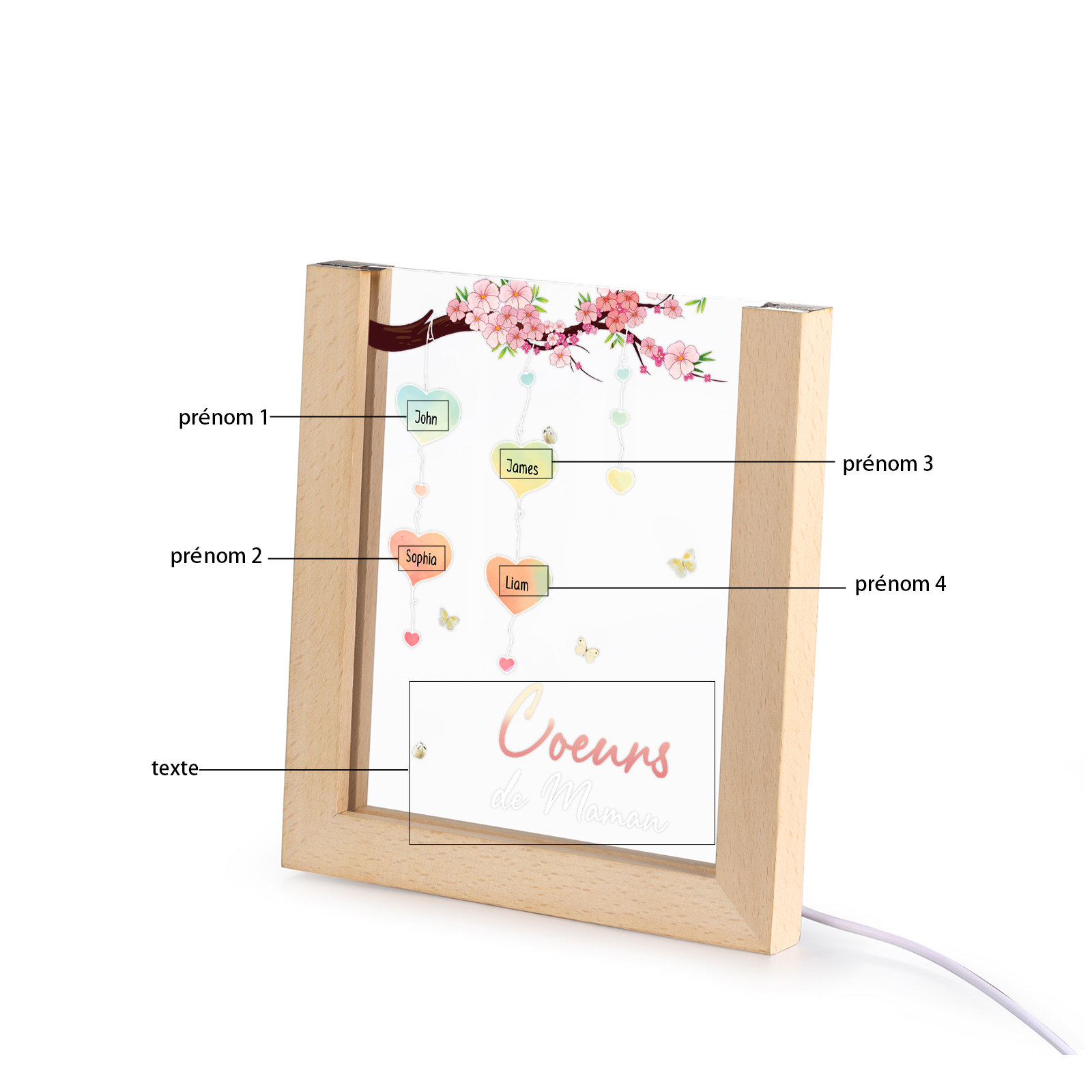À Maman/Mamie - Lampe de chevet LED Arbre 4 Prénoms Personnalisés avec 1 Texte