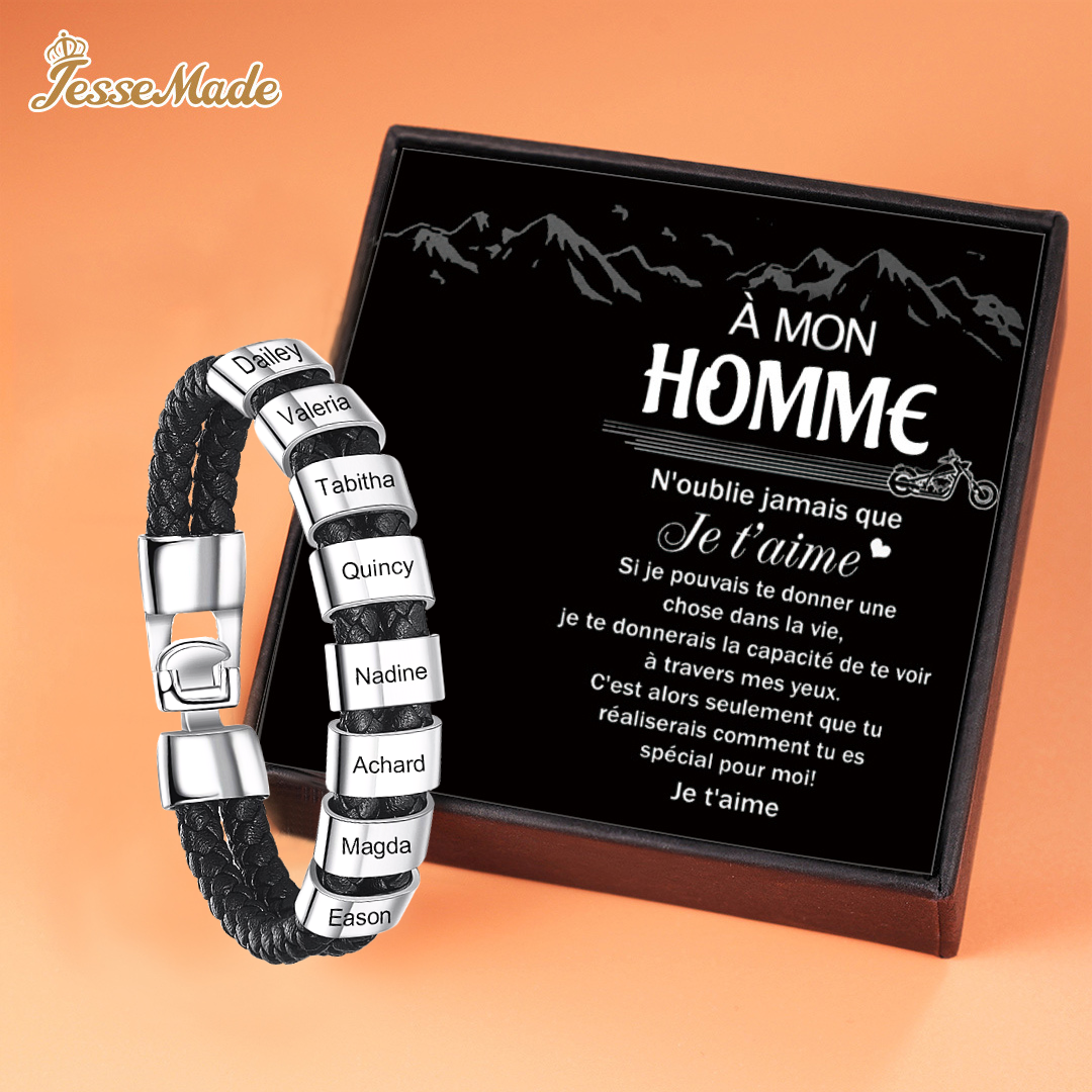 Bracelet Cuir tressé 8 Perles Prénom Personnalisé Bracelet Homme