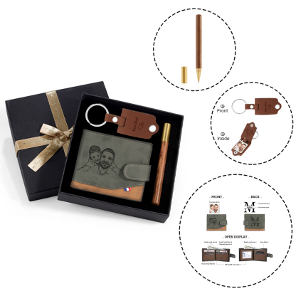 Coffret Cadeau 3PCS - Portefeuille classique Porte-Clés et Stylo 2 Photo et Textes Personnalisés avec 1 Prénom et Lettre Coffret Cadeau pour Homme