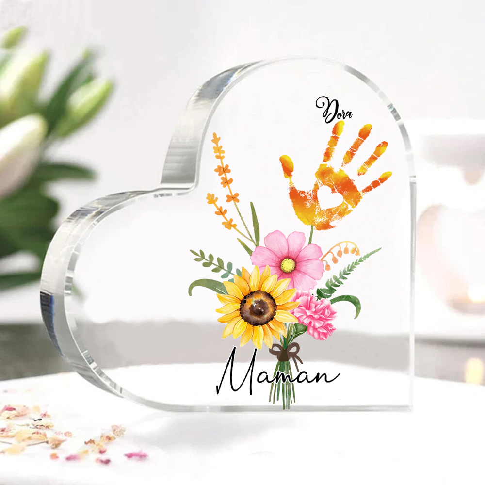 À ma Maman - Plaque Acrylique en Forme de Cœur fleurs 1 Prénom Personnalisé