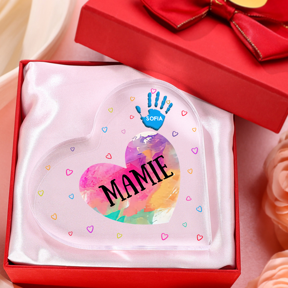 À ma Maman/Mamie - Plaque Acrylique Mains et Enfants en Forme de Cœur 2 Prénoms Personnalisés