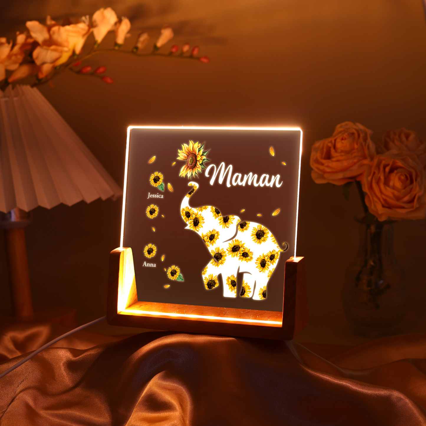 À Maman/Mamie - Lampe de chevet LED Éléphants 2 Prénoms Personnalisés avec Texte