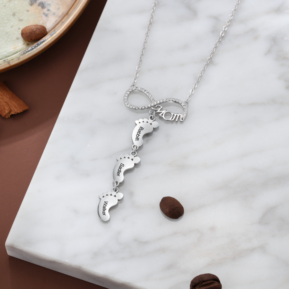 Collier Pieds Bébé 3 Prénoms Personnalisés Collier Infini pour Maman
