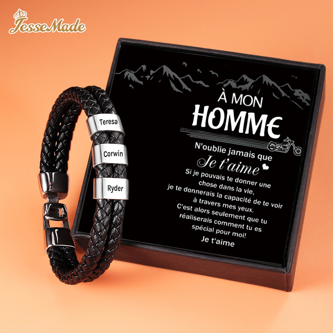 Bracelet Cuir tressé 3 Prénom Personnalisé Bracelet Personnalisé Homme｜Jessemade