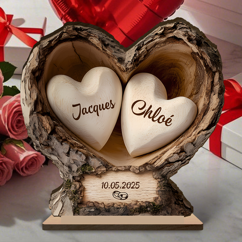 Plaque en Bois Personnalisé Tronc en Cœur avec Base Stable pour Couple