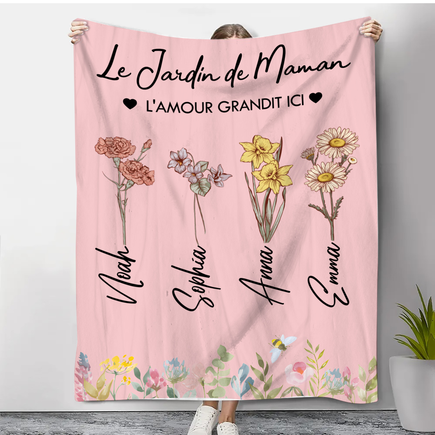Plaid Floral Personnalisé avec Fleurs de Naissance et Prénoms – Cadeau Émotionnel pour Maman | Jessemade