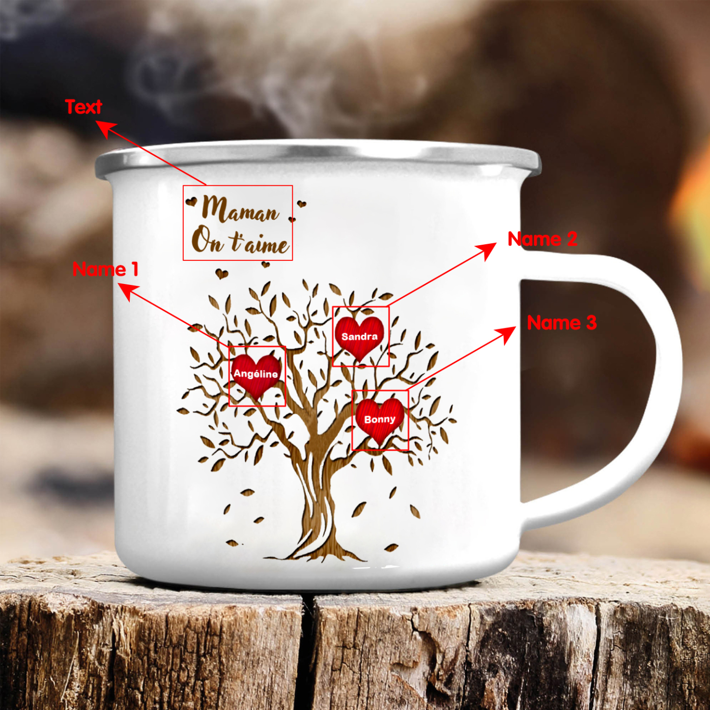 À Ma Maman/Mamie - Tasse émaillée d'Arbre de vie 3 Prénoms Personnalisés