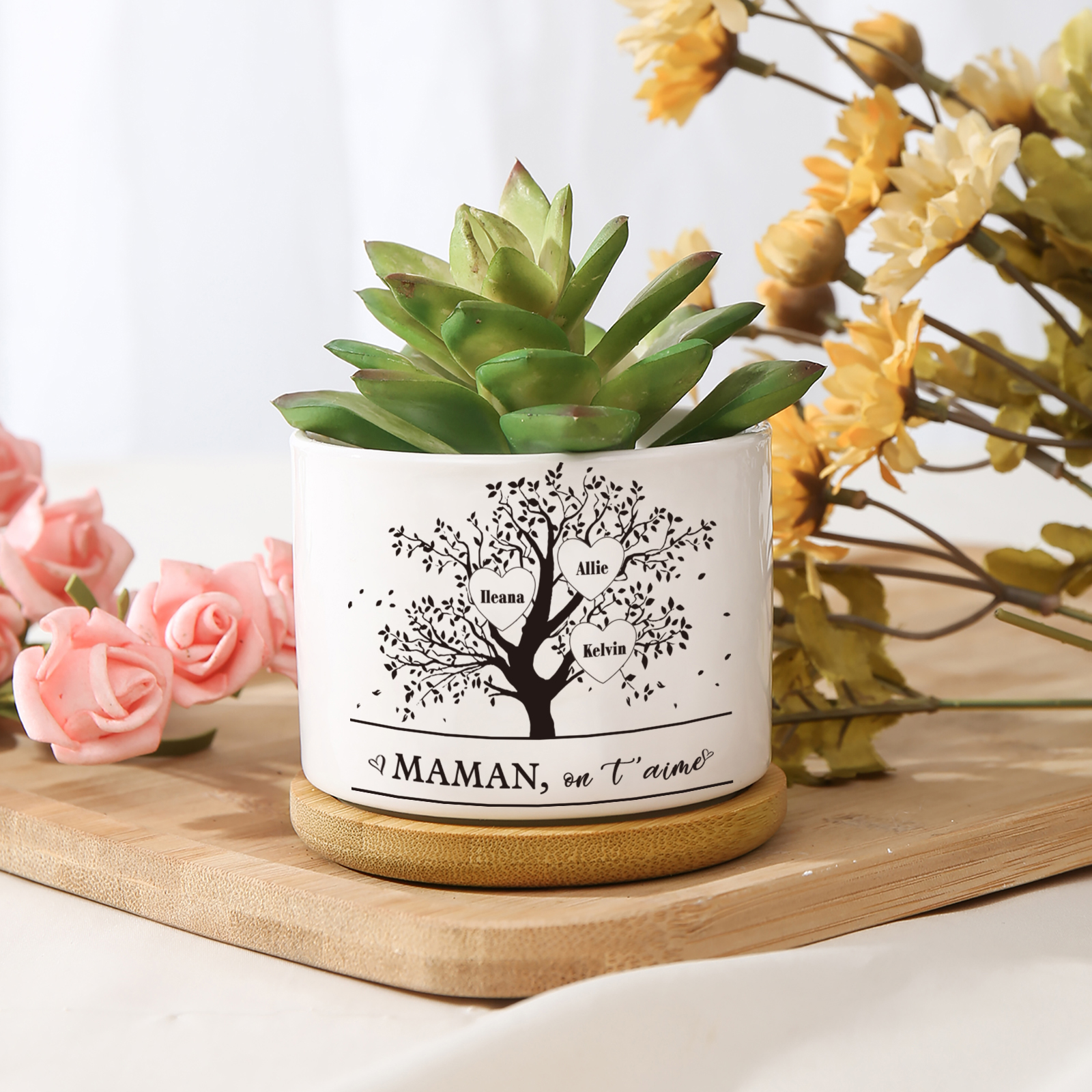 Vase/Pot de Fleurs Arbre de vie 3 Prénoms Personnalisés avec Texte Décoration de la Maison (sans plantes)