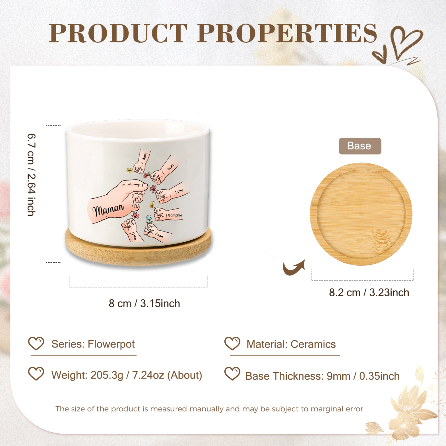 Vase/Pot de Fleurs mains et enfants 7 Prénoms Personnalisés Décoration de la Maison (sans plantes)