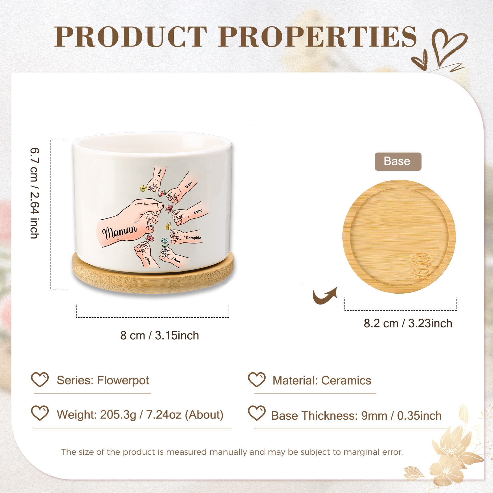 Vase/Pot de Fleurs mains et enfants 7 Prénoms Personnalisés Décoration de la Maison (sans plantes)