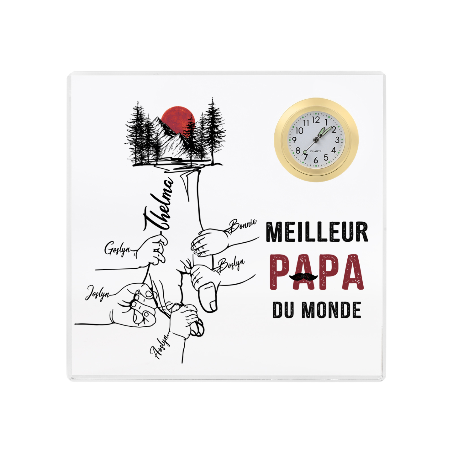À mon Papa - Plaque Acrylique Carré avec Horloge la main dans la main 6 Prénoms Personnalisés