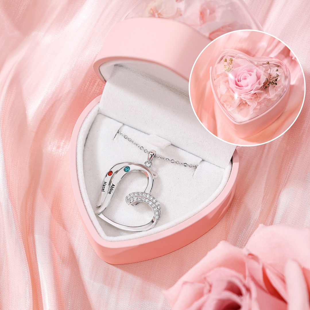 Collier Coeur 2 Prénoms Personnalisés avec Pierre de naissance pour Femmes|Jessemade