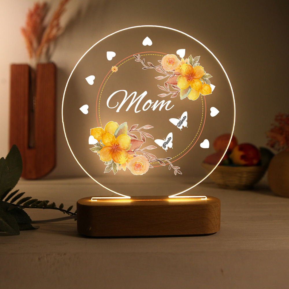 À Maman/Mamie - Lampe de chevet LED Fleurs et Papillons 2 Prénoms Personnalisés avec 1 Texte