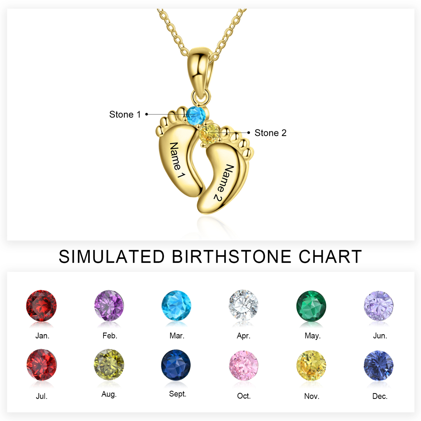 Collier 2 Prénom Personnalisé pied bebe avec pierre de naissance