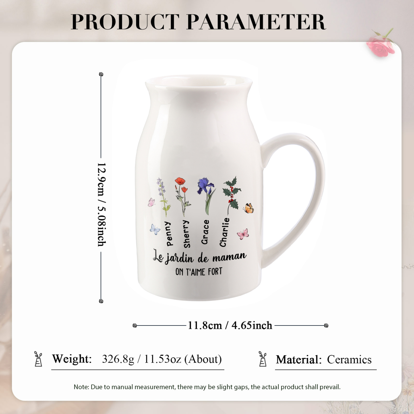 Vase à Fleurs Papillon 4 Prénoms et Fleurs de Naissance Personnalisés avec 2 Textes Décoration de la Maison