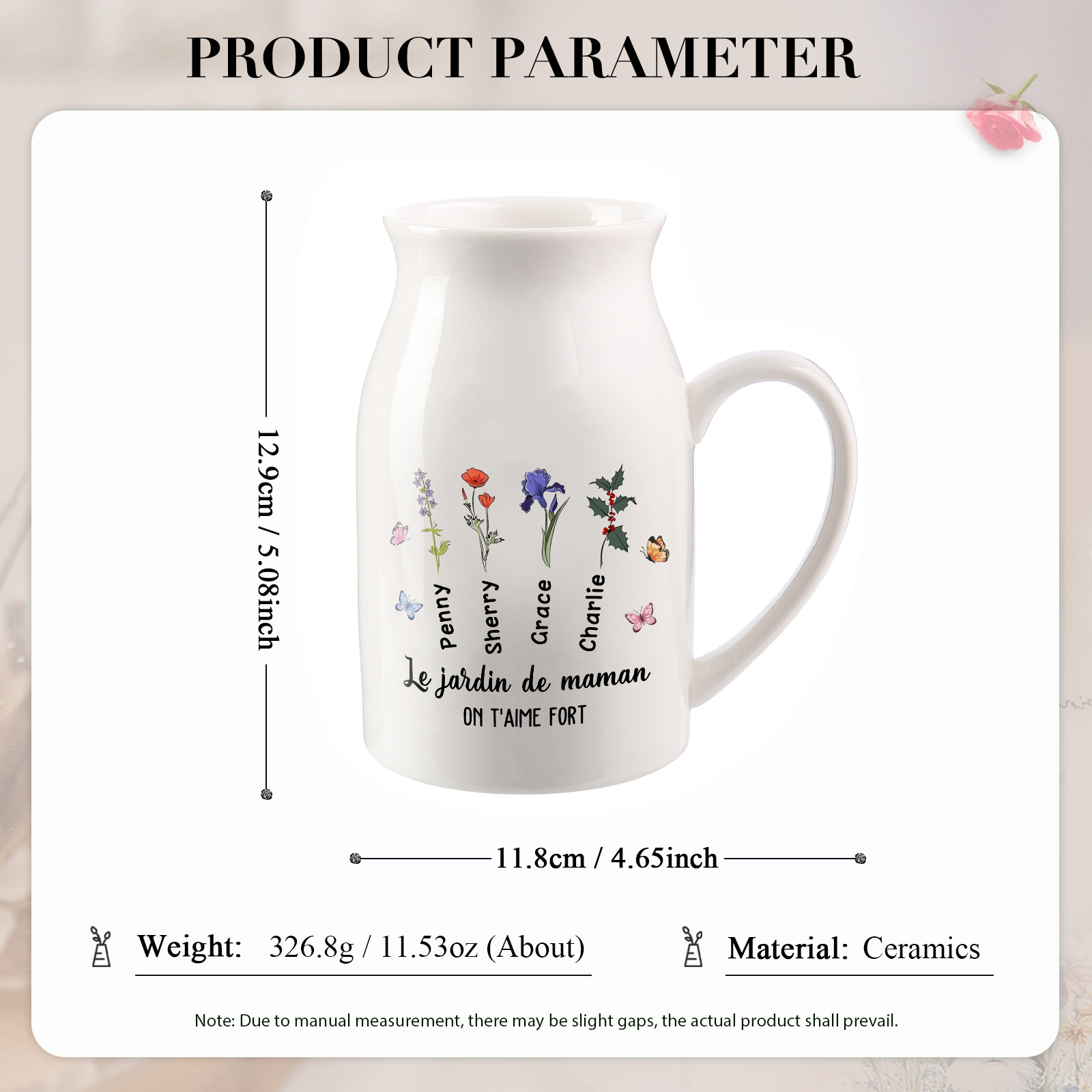 Vase à Fleurs Papillon 4 Prénoms et Fleurs de Naissance Personnalisés avec 2 Textes Décoration de la Maison