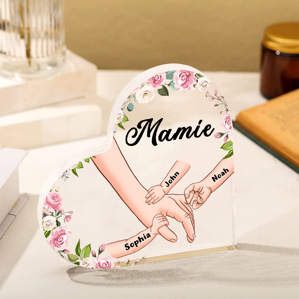 Plaque Acrylique en Forme de Cœur La Main Dans La Main 3 Prénoms Personnalisés avec Texte