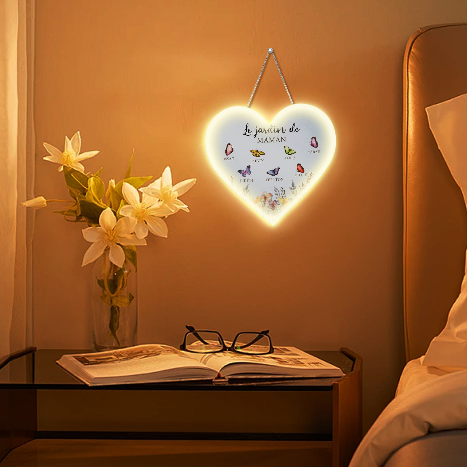 À Maman/Mamie - Veilleuse Cœur Décoration Fleur et Papillon 7 Prénoms Personnalisés avec 1 Texte