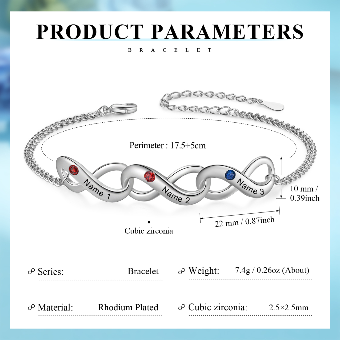 Bracelet Infini 3 Prénoms Personnalisés avec Pierres de Naissance pour Femme
