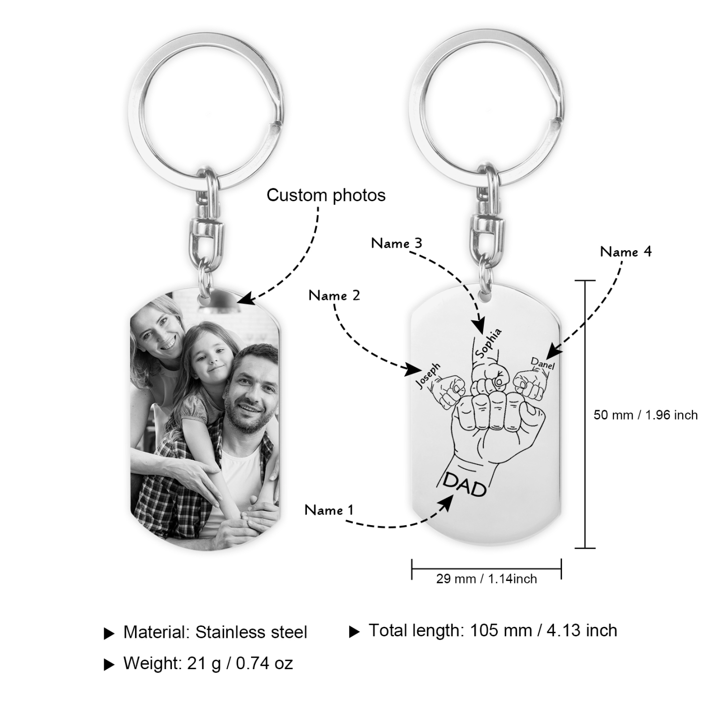 À mon Papa - Porte-Clés Poings 4 Prénoms Personnalisés avec Photo