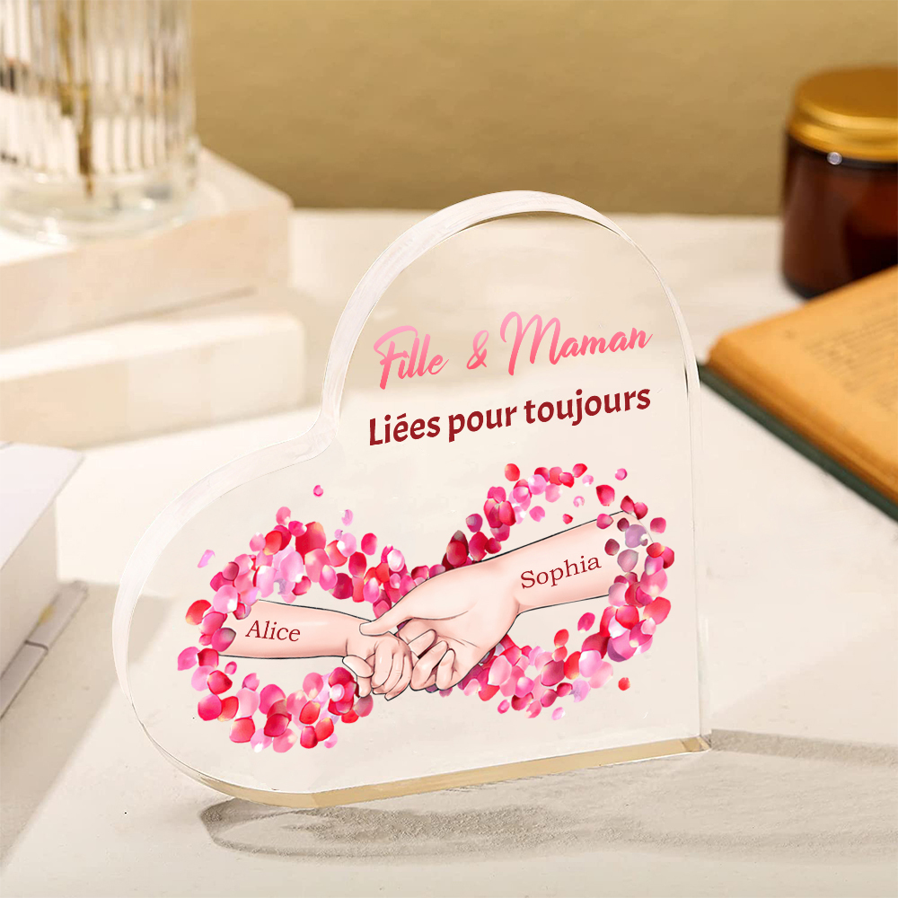 À ma Maman - Plaque Acrylique Maman et Fille en Forme de Cœur 2 Prénoms Personnalisés