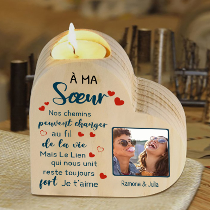 À Ma Sœur - Bougeoir en Bois 2 Prénoms Personnalisés avec Photo sans bougie