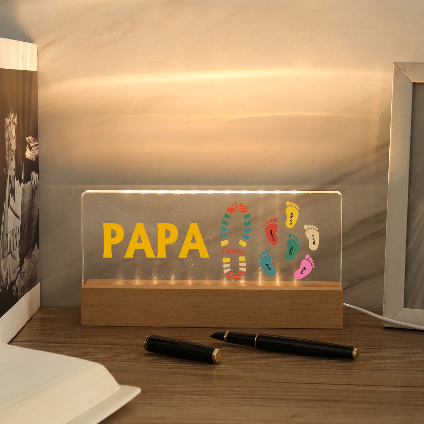 À mon Papa/Papi- Lampe de chevet LED Pieds Bébé 7 Prénoms Personnalisés avec Texte