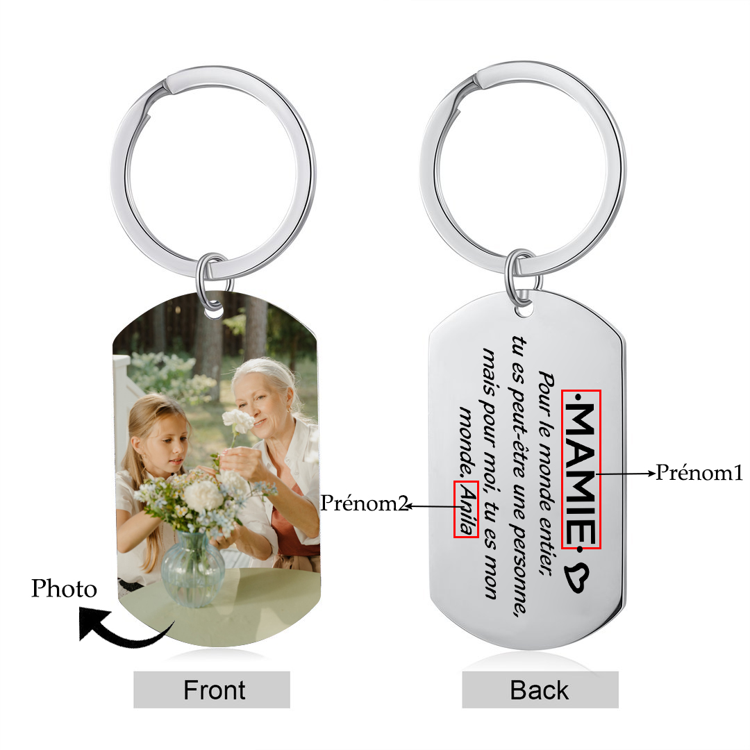 Porte-Clés 2 Prénoms et 1 Photo Personnalisés pour Famille