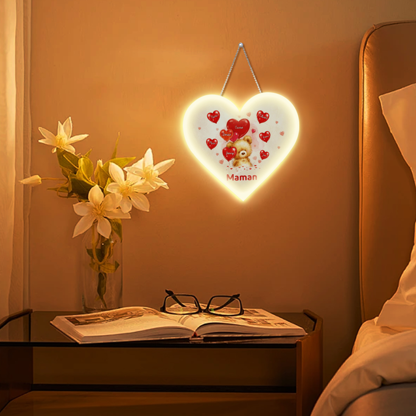 À Maman/Mamie - Veilleuse Cœur Décoration Ours 8 Prénoms Personnalisés avec 1 Texte