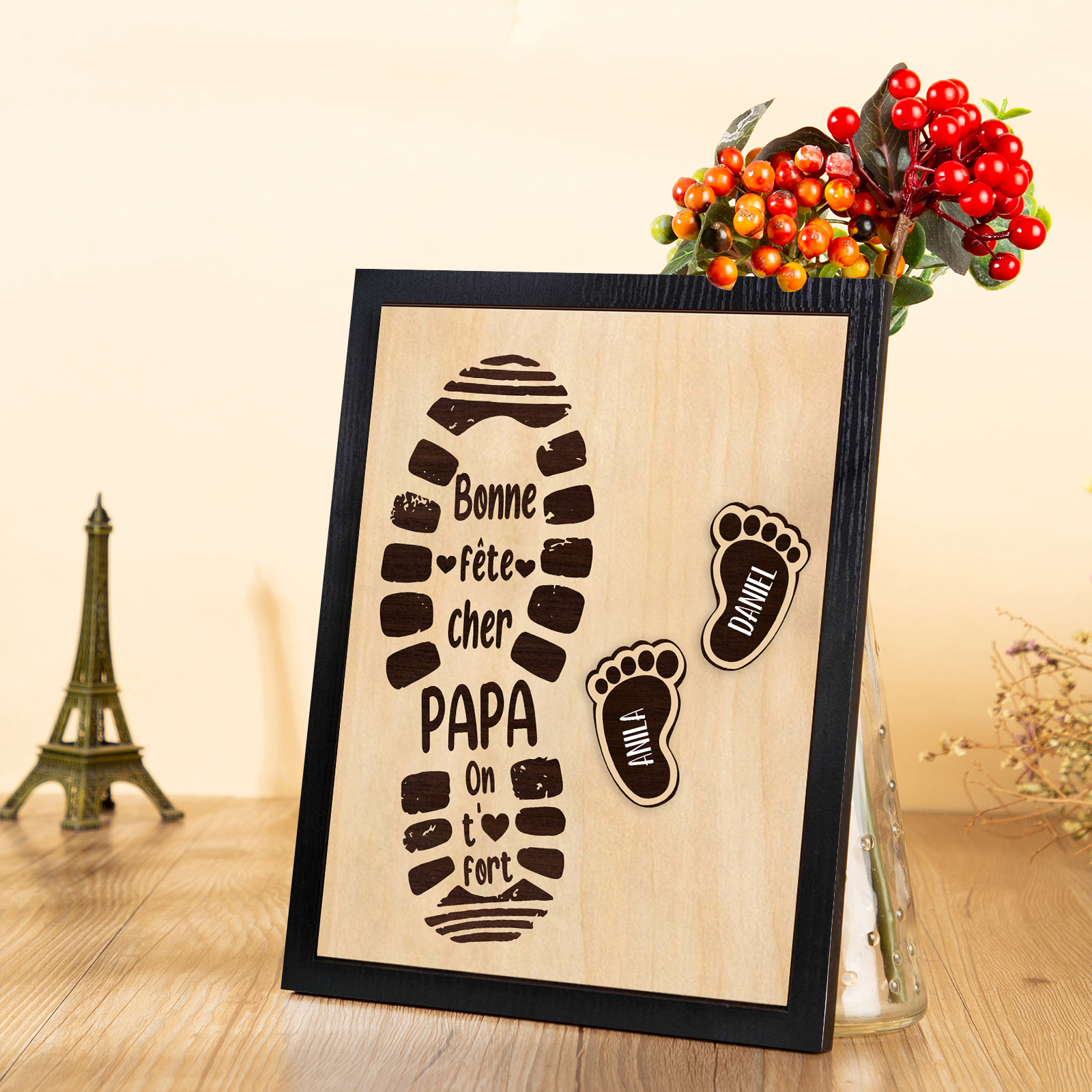 À Mon Papa-Cadre en Bois Pieds Bébé 2 Prénoms Personnalisés