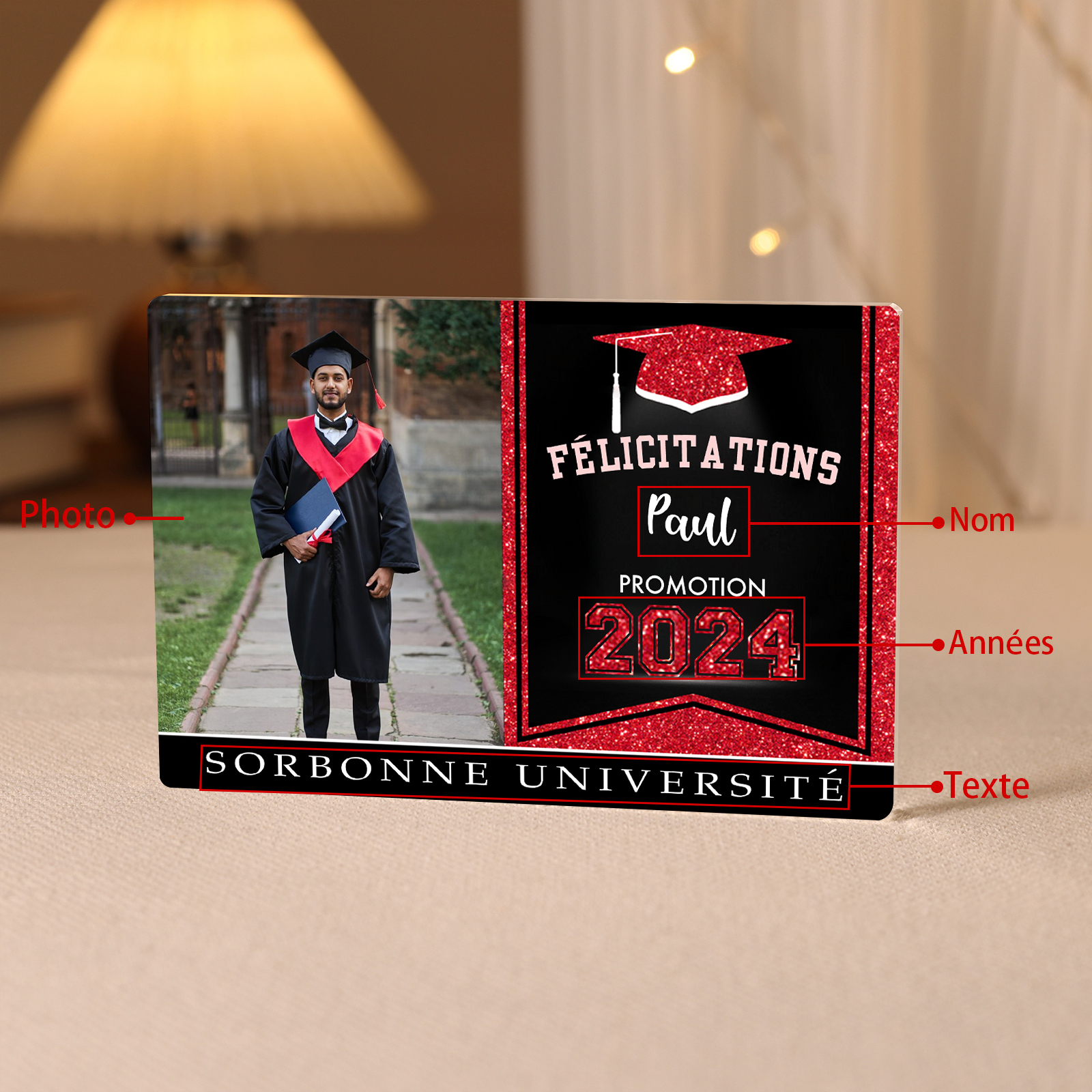 Plaque Acrylique Rectangle Diplômés Prénom et Photo Personnalisés avec Années et Texte Cadeau de Graduation