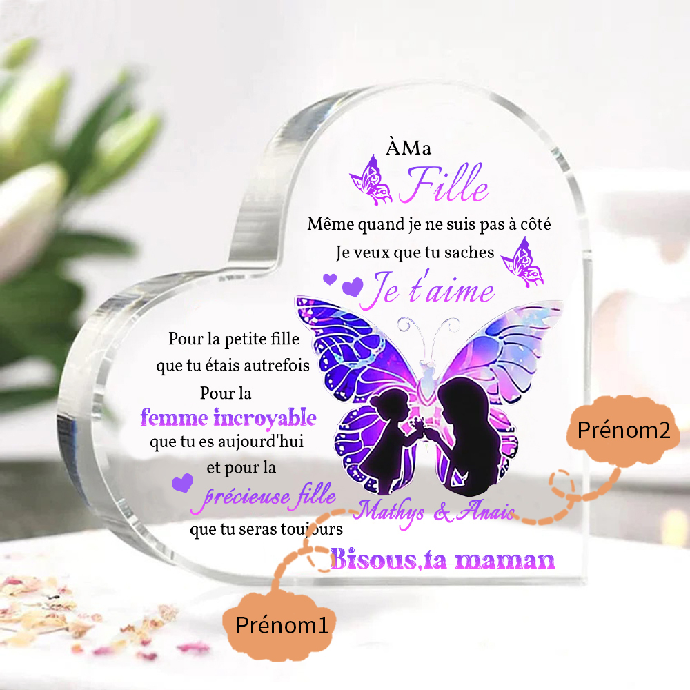 À ma Fille - Plaque Acrylique Papillon en Forme de Cœur 2 Prénoms Personnalisés Maman et Fille