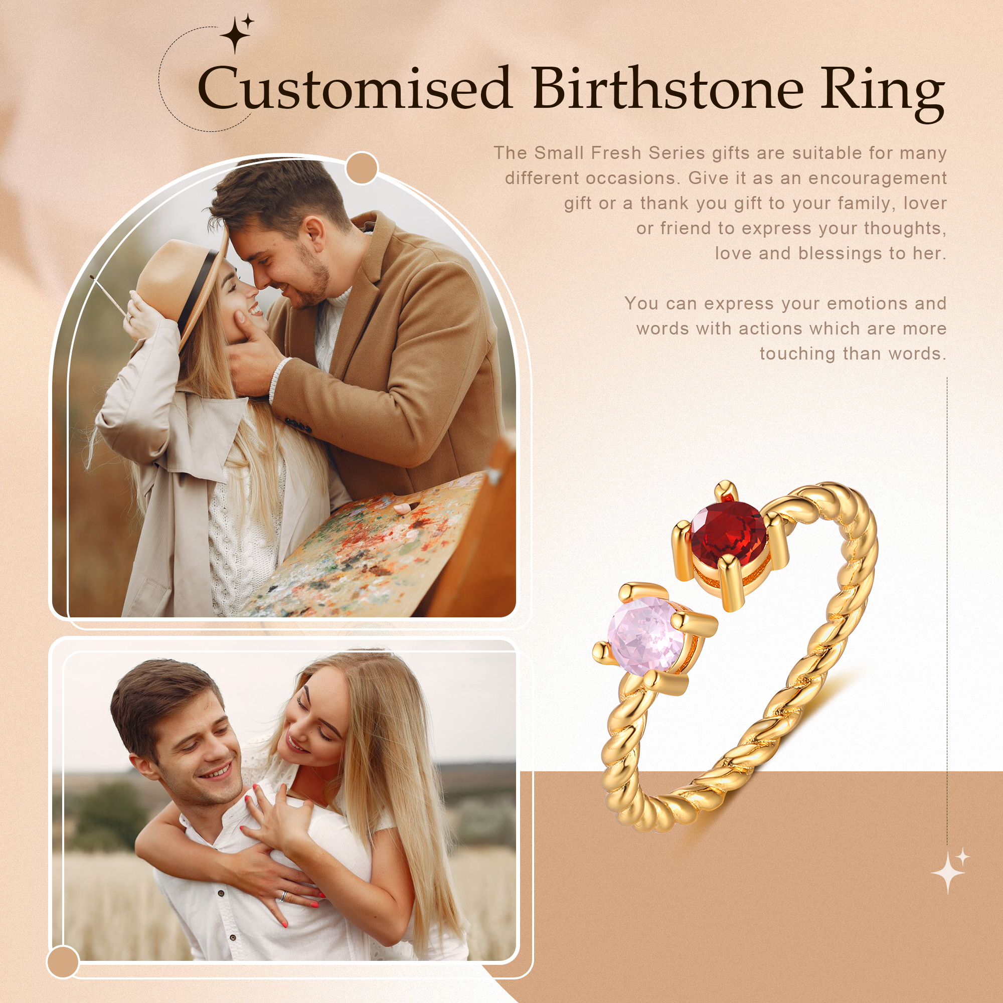 Bague Ouverte 2 Pierres de naissance Personnalisées pour Femmes