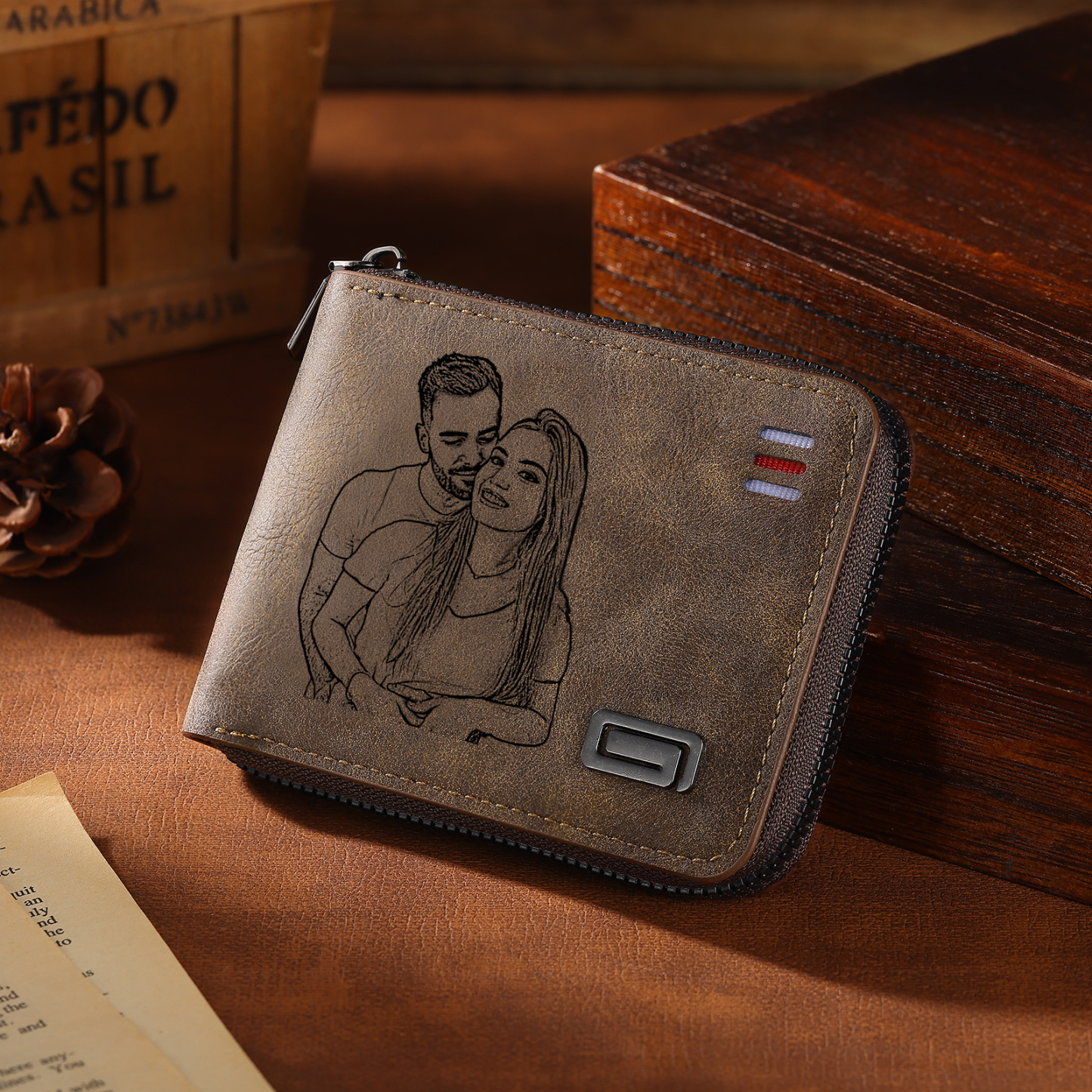 Portefeuille homme personnalisé en cuir PU avec fermeture éclair – avec photo, calendrier ou prénom